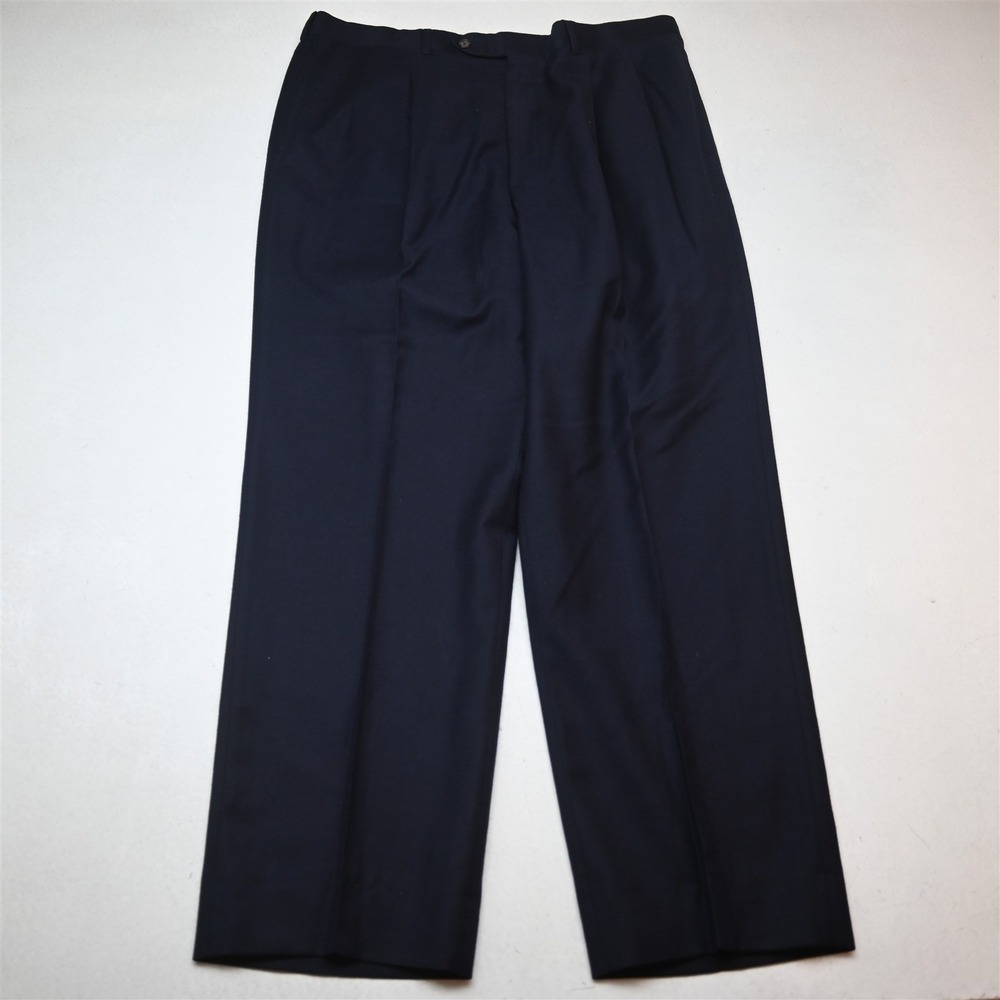Vtg USA Corbin 36x32 Navy Blue Wool Flannel Pleated Cuffed Baggy Dress Pants
